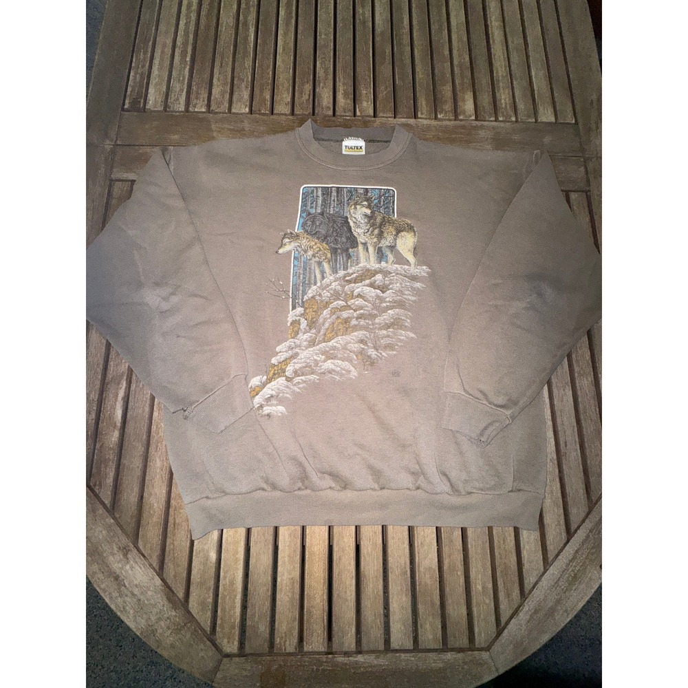 Vtg 90s Wolf Pack Crewneck Sweatshirt XL Tultex USA Nature Wildlife Winter